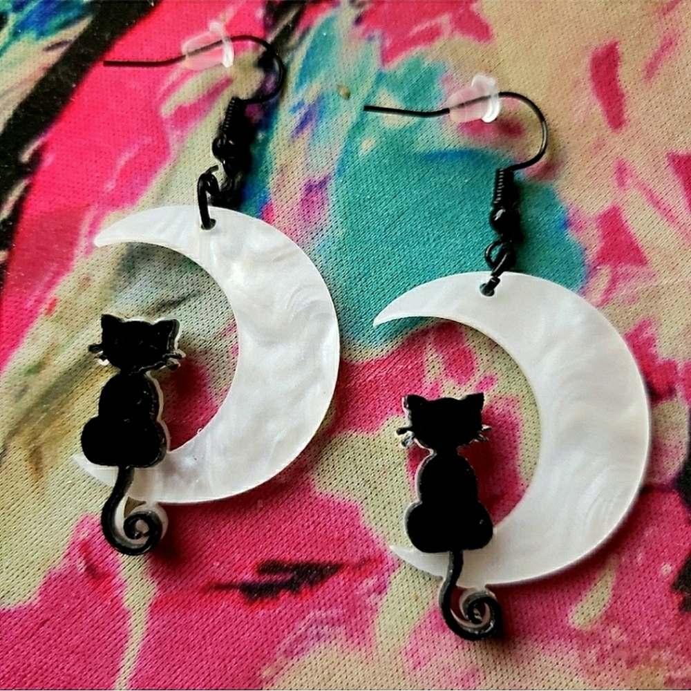 Handmade Lightweight Plastic Black Cat Moon Earrings